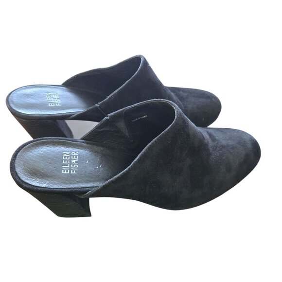 Eileen Fisher Black Suede Almond Toe 3" Block Heel Mule Size 8.5 - Picture 1 of 7
